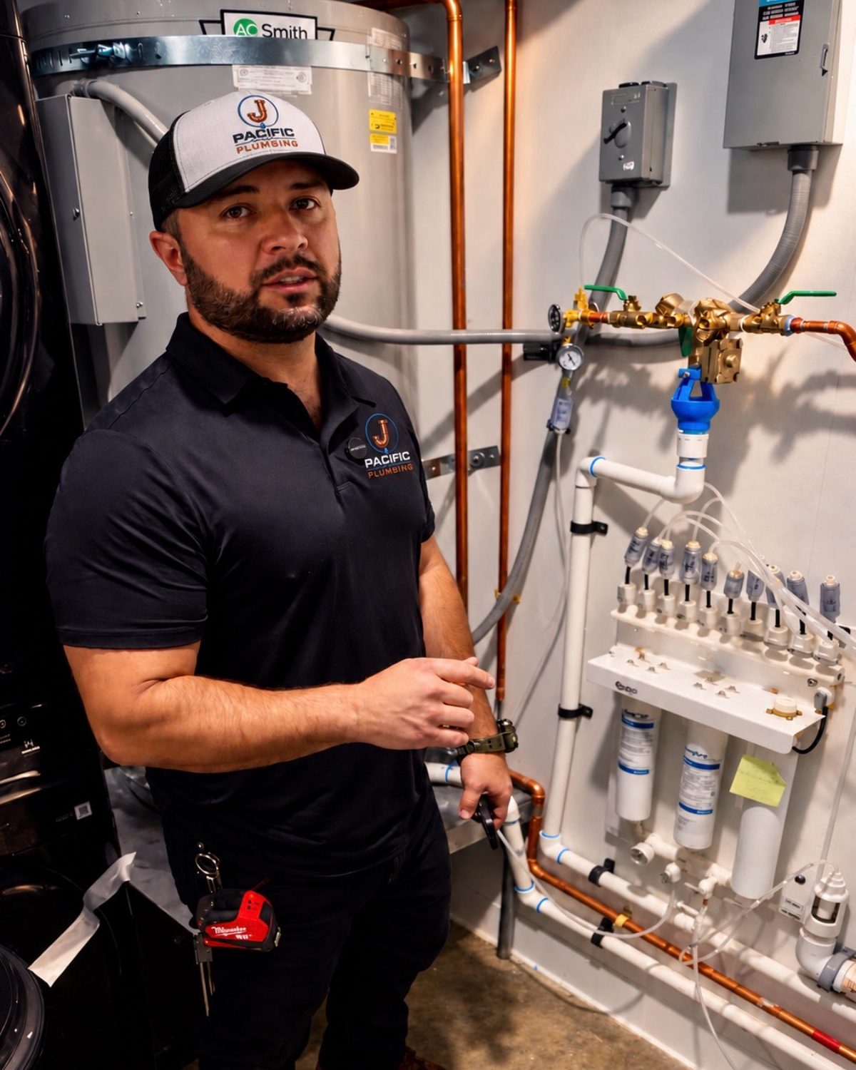 J Pacific Plumbing owner Jair in a utility room with a water heater and water filtration system